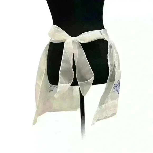 White Vintage Sheer Half Apron Lace Trim  Entertaining Mid Century Hostess - Picture 3 of 5
